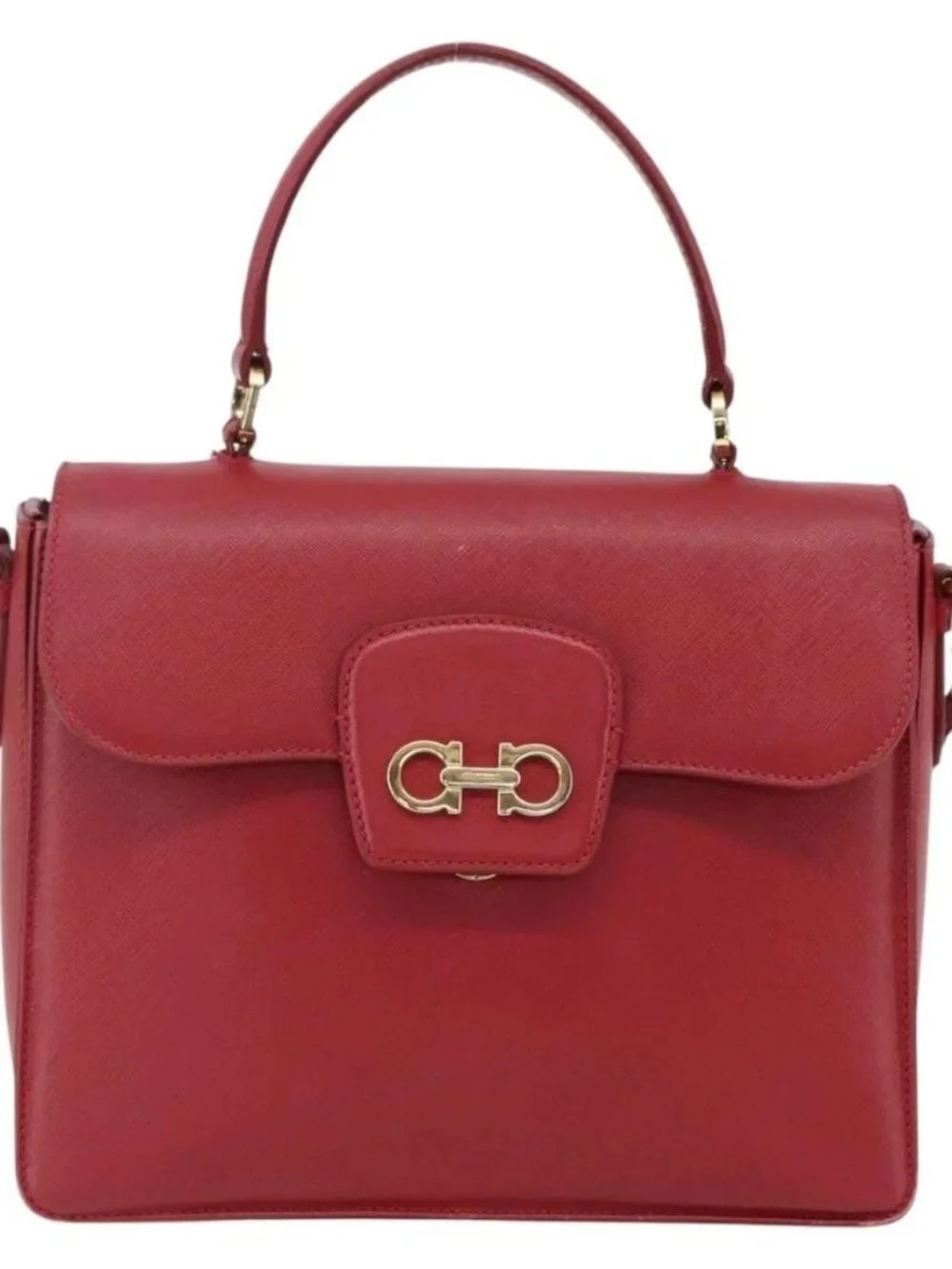 Salvatore Ferragamo Gancini Hand Bag Leather 2way Red Gold Auth 171837